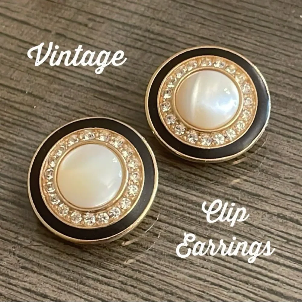 Vintage Button Clip Earrings, Black Enamel and Mother of Pearl Center